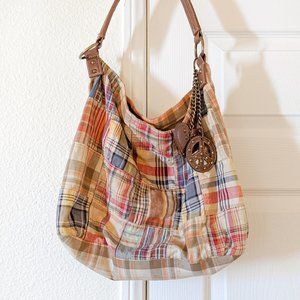 Bohemian Quilted Plaid Bag with Leather Trinkets
